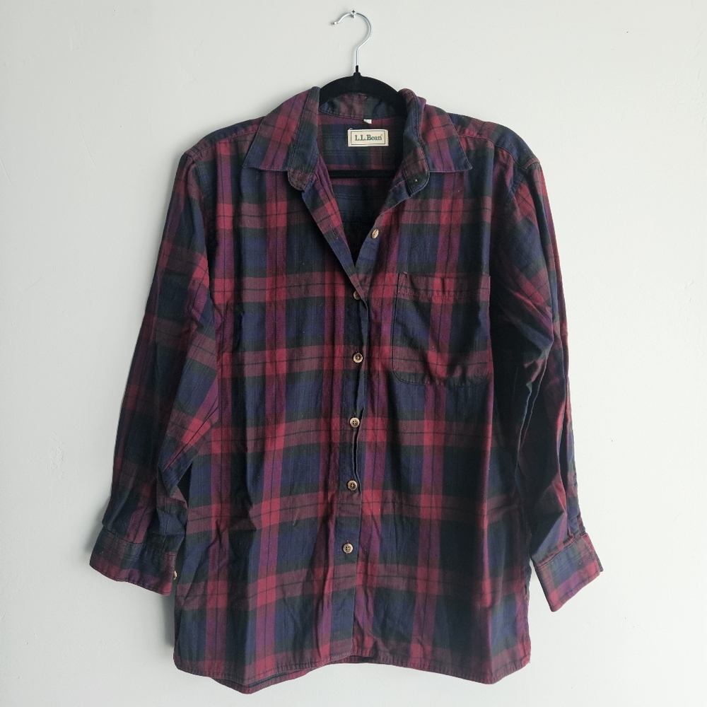 L.L. Bean Women's Casual Plaid Shirt - Burgundy and Navy